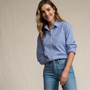 Lands' End No-Iron Baumwolle Cotton Navy, Black and White Plaid Tapered Shirt